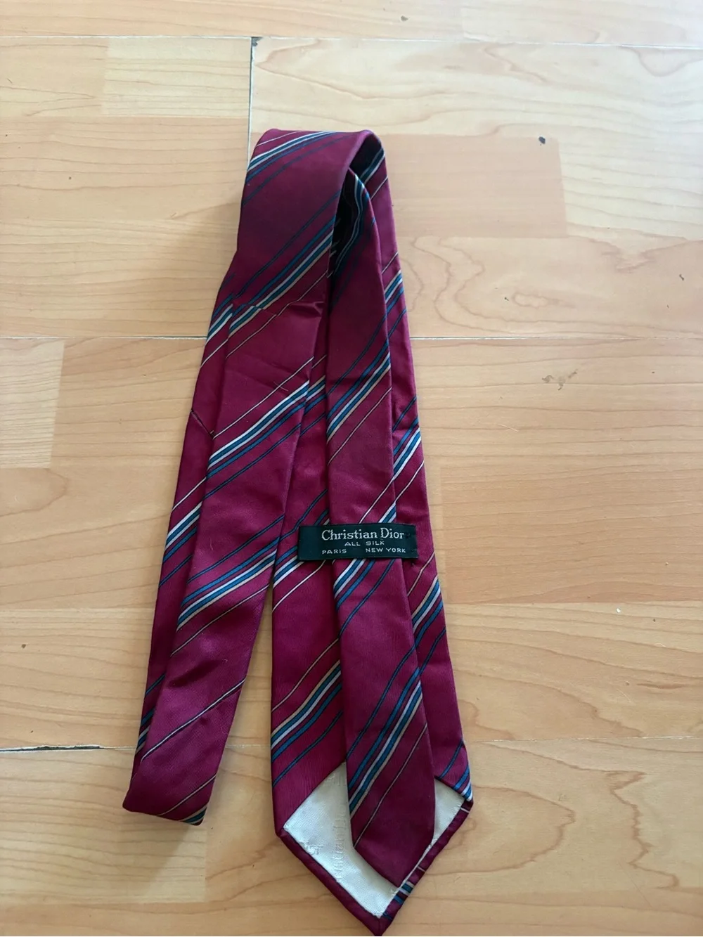 VTG CHRISTIAN DIOR silk Burgundy Red Striped Tie 57x3.5” Gray White Paris London